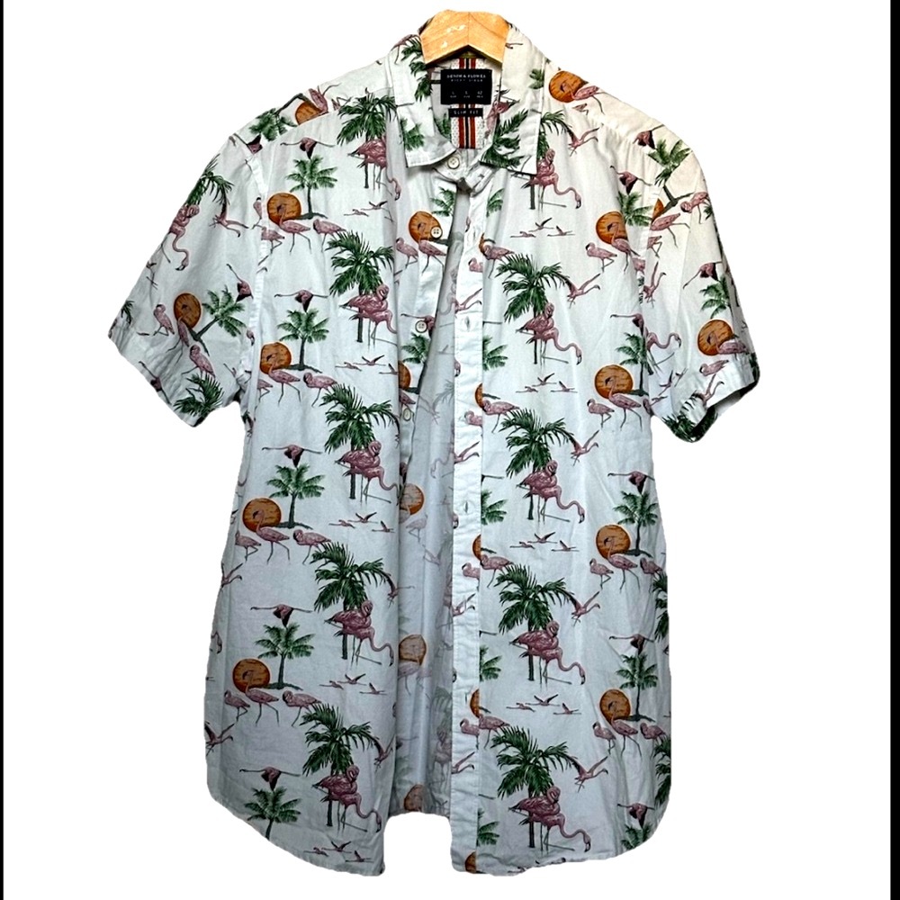 Denim & Flower Flamingo Casual Button Down Short-Sleeve Shirt Men’s Size L - Picture 1 of 11